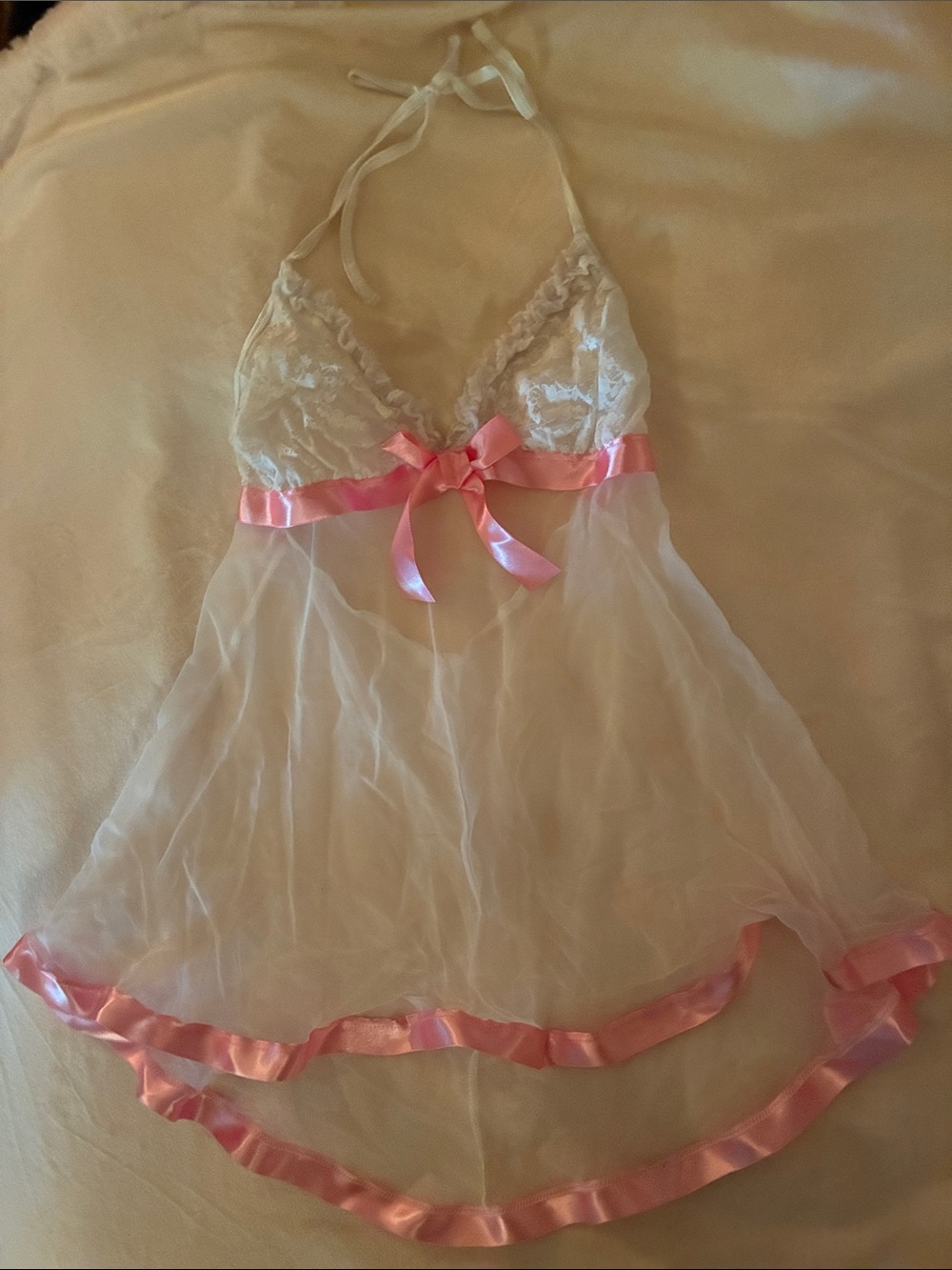 Sheer White & Pink Lace Babydoll Chemise - Women's Intimate Sleepwear